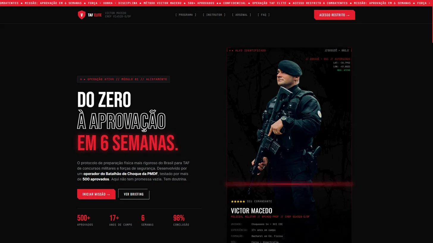 Landing page do TAF Elite Pro, preparação física para concursos